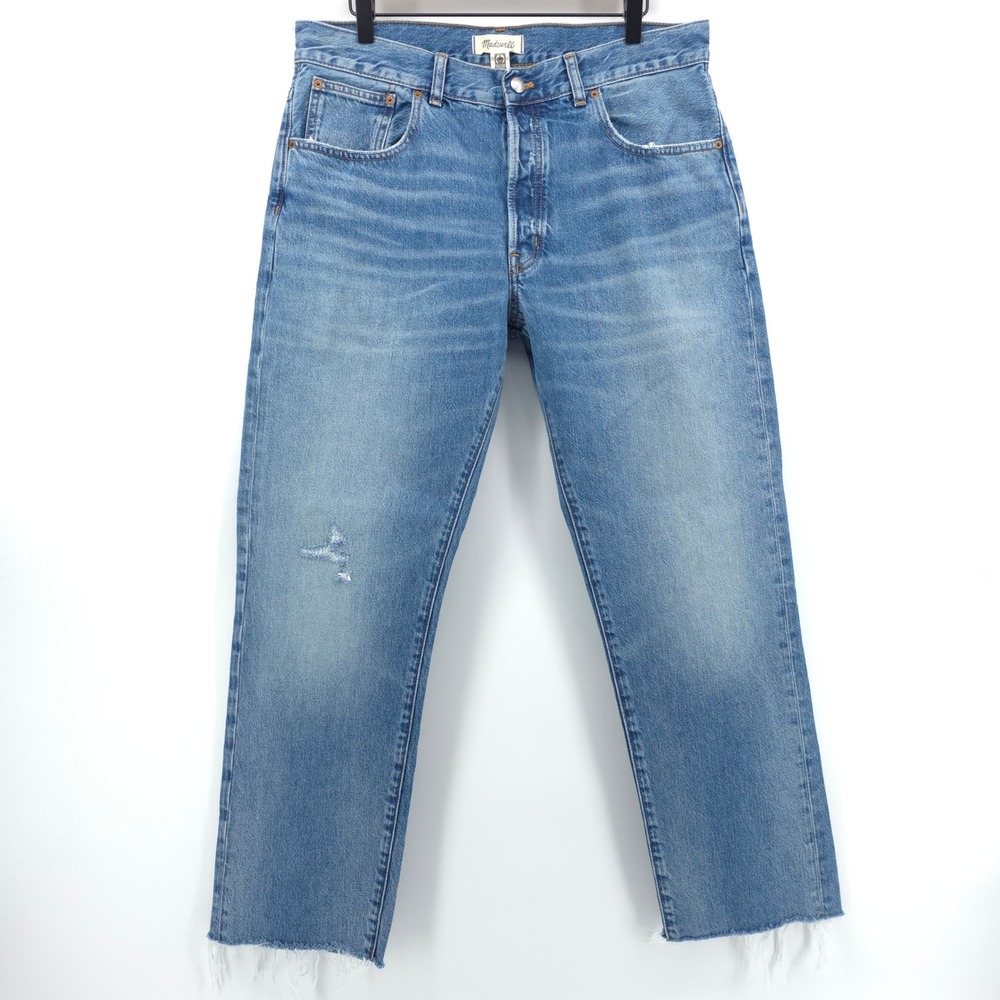 Madewell Women Jeans The Dean Easy Straight‎ 30 Blue Distressed Raw Hem Denim